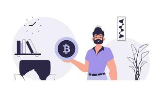 il concetto di estrazione e estrazione di bitcoin. un' uomo detiene un' bitcoin moneta nel il suo mani. personaggio nel di moda stile. vettore