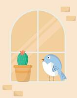 un' blu uccello e cactus nel un' finestra vettore