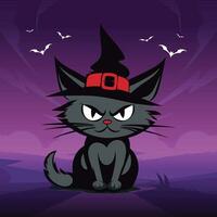 un' nero gatto indossare un' strega cappello su Halloween notte vettore