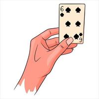 gioco d'azzardo. carta da gioco in mano. casinò, fortuna, fortuna. sei di picche. vettore