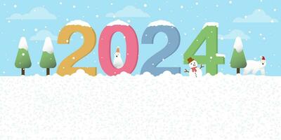 snowscape con 2024 alfabeto piatto design vettore illustrazione. allegro Natale e contento nuovo anno saluto carta modello avere vuoto spazio.
