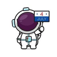 l'astronauta carino che tiene il bordo del 4 luglio celebra l'illustrazione vettoriale dell'icona del fumetto del giorno dell'indipendenza dell'america