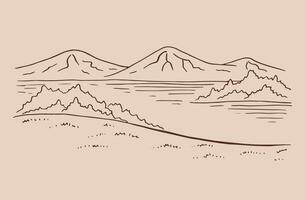 paesaggio con lago e montagne. mano disegnato illustrazione convertito per vettore. vettore