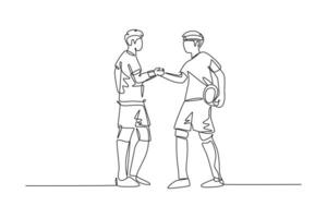 singolo uno linea disegno Due calcio giocatore portare palla e stretta di mano per mostrare sportività prima di partenza il incontro. rispetto nel calcio sport. continuo linea disegnare design grafico vettore illustrazione