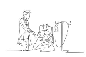 continuo uno linea disegno di giovane inteligente medico visitare un' paziente posa a letto nel ospedale e stretta di mano lui per Chiedi il condizione di il suo sano. singolo linea disegnare design vettore grafico illustrazione