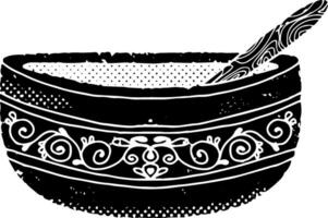 un' nero e bianca illustrazione di un' ciotola con un' cucchiaio vettore