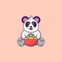 simpatico panda che mangia spaghetti ramen. concetto animale del fumetto isolato. può essere utilizzato per t-shirt, biglietti di auguri, biglietti d'invito o mascotte. stile cartone animato piatto vettore