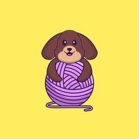 simpatico cane che gioca con il filo di lana. concetto animale del fumetto isolato. può essere utilizzato per t-shirt, biglietti di auguri, biglietti d'invito o mascotte. stile cartone animato piatto vettore