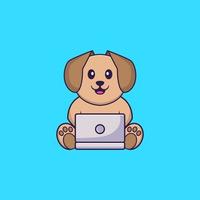 simpatico cane che usa il laptop. concetto animale del fumetto isolato. può essere utilizzato per t-shirt, biglietti di auguri, biglietti d'invito o mascotte. stile cartone animato piatto vettore