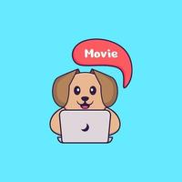 simpatico cane sta guardando un film. concetto animale del fumetto isolato. può essere utilizzato per t-shirt, biglietti di auguri, biglietti d'invito o mascotte. stile cartone animato piatto vettore