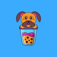 simpatico cane che beve il tè al latte boba. concetto animale del fumetto isolato. può essere utilizzato per t-shirt, biglietti di auguri, biglietti d'invito o mascotte. stile cartone animato piatto vettore