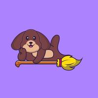 simpatico cane sdraiato sulla scopa magica. concetto animale del fumetto isolato. può essere utilizzato per t-shirt, biglietti di auguri, biglietti d'invito o mascotte. stile cartone animato piatto vettore