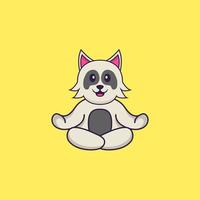 simpatico cane sta meditando o facendo yoga. concetto animale del fumetto isolato. può essere utilizzato per t-shirt, biglietti di auguri, biglietti d'invito o mascotte. stile cartone animato piatto vettore