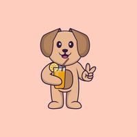 simpatico cane che tiene il succo d'arancia in vetro. concetto animale del fumetto isolato. può essere utilizzato per t-shirt, biglietti di auguri, biglietti d'invito o mascotte. stile cartone animato piatto vettore
