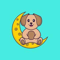 simpatico cane è seduto sulla luna. concetto animale del fumetto isolato. può essere utilizzato per t-shirt, biglietti di auguri, biglietti d'invito o mascotte. stile cartone animato piatto vettore