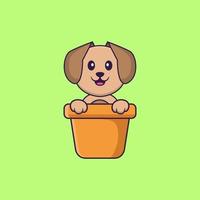 simpatico cane in un vaso di fiori. concetto animale del fumetto isolato. può essere utilizzato per t-shirt, biglietti di auguri, biglietti d'invito o mascotte. stile cartone animato piatto vettore