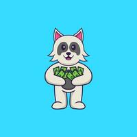 simpatico cane che tiene soldi. concetto animale del fumetto isolato. può essere utilizzato per t-shirt, biglietti di auguri, biglietti d'invito o mascotte. stile cartone animato piatto vettore