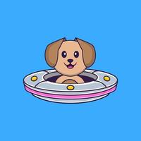 simpatico cane che guida l'astronave ufo. concetto animale del fumetto isolato. può essere utilizzato per t-shirt, biglietti di auguri, biglietti d'invito o mascotte. stile cartone animato piatto vettore