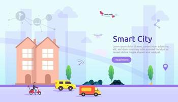 concetto di servizi di smart city con reti internet delle cose e realtà aumentata. paesaggio urbano con edifici, grattacieli, traffico di trasporto. illustrazione vettoriale stile piatto per landing page web