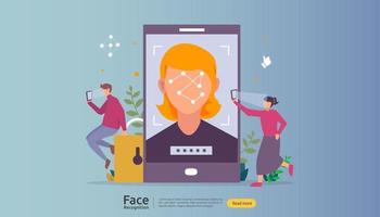 progettazione della sicurezza dei dati di riconoscimento facciale. scansione del sistema di identificazione biometrica facciale su smartphone. modello di pagina di destinazione web, banner, presentazione, social, poster, annuncio, promozione o supporto di stampa. vettore