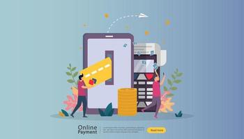 mercato e-commerce shopping illustrazione online con carattere di persone minuscole. concetto di pagamento mobile o trasferimento di denaro. modello per landing page web, banner, presentazione, social media, supporti di stampa. vettore