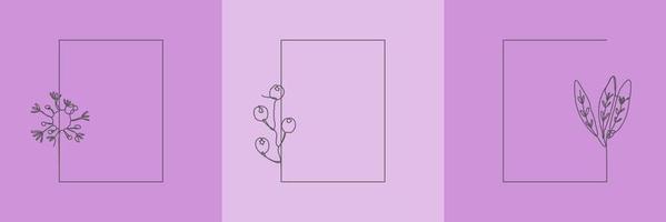 impostare erba, foglie e fiori organici floreali disegnati a mano con cornice rettangolare viola, elemento decorativo foglia. illustrazione vettoriale line art per social media, matrimonio, invito, logo, cosmetici