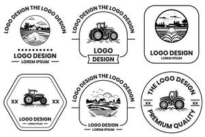 aziende agricole e i campi logo nel piatto linea arte stile vettore