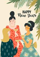 Giovani donne dell&#39;illustrazione del buon anno e di Natale che bevono champagne. vettore