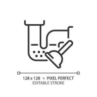 2d pixel Perfetto modificabile nero drain blocco e pistone icona, isolato vettore, magro linea illustrazione che rappresentano impianto idraulico. vettore