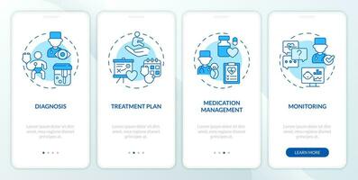 diagnosi e trattamento blu onboarding mobile App schermo. bambino clinica Procedura dettagliata 4 passaggi modificabile grafico Istruzioni con lineare concetti. ux, gui modello vettore