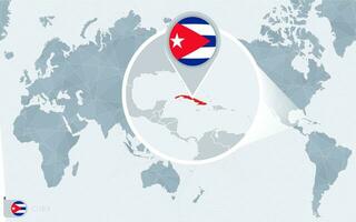 Pacifico centrato mondo carta geografica con ingrandita Cuba. bandiera e carta geografica di Cuba. vettore