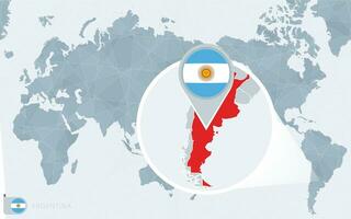 Pacifico centrato mondo carta geografica con ingrandita argentina. bandiera e carta geografica di argentina. vettore