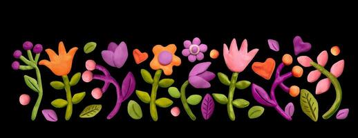 confine vario fiori, foglie, erbe aromatiche e plastilina cuori. colorato plastilina argilla 3d illustrazione su nero sfondo, carino Impasto forma vettore