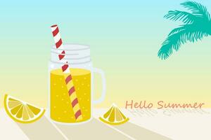 un' bicchiere vaso di limonata con un' nudo cannuccia e lettering Ciao estate. su il spiaggia sfondo. vettore