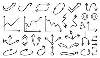 set di icone vettoriali freccia disegnata a mano. disegno della freccia di schizzo per il business plan e l'istruzione.