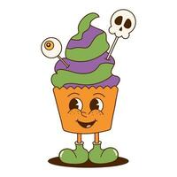 Groovy Halloween etichetta. cartone animato personaggio nel di moda retrò stile, comico mascotte. Halloween cupcake. vettore