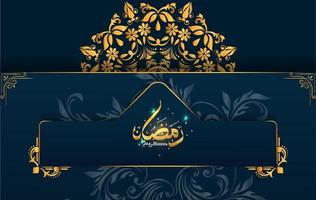 ramadan kareem in stile di lusso con calligrafia araba. mandala d'oro di lusso su sfondo blu scuro per ramadan mubarak vettore