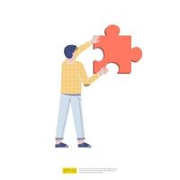 uomo che tiene elemento puzzle. risoluzione dei problemi o completamento della missione concetto di attività completata. illustrazione vettoriale di lavoro di squadra e partnership commerciale