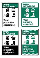 le istruzioni di sicurezza firmano indossare dispositivi di protezione, con simboli dpi su sfondo bianco, illustrazione vettoriale