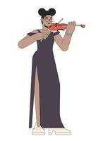 assolo violinista femmina linea cartone animato piatto illustrazione. africano americano adulto donna sinfonia violinista 2d Linea artistica personaggio isolato su bianca sfondo. violino arco Tenere scena vettore colore Immagine