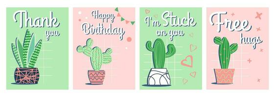 impostato di saluto carte con cactus nel piatto stile. colorato illustrazione di cartoline nel di moda colori verde e rosa. vettore