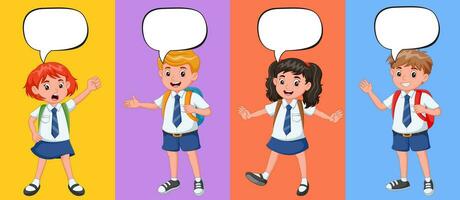 cartone animato bambini nel scuola uniforme con discorso bolle. vettore illustrazione