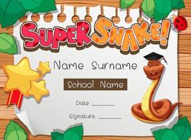 modello di diploma o certificato per ragazzi delle scuole con personaggio dei cartoni animati super serpente vettore