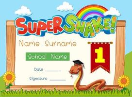 modello di diploma o certificato per ragazzi delle scuole con personaggio dei cartoni animati super serpente vettore