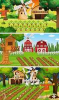 diverse scene di fattoria con vecchio contadino e personaggio dei cartoni animati di animali vettore