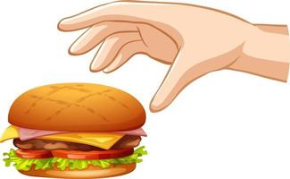 mano che cerca di afferrare l'hamburger su sfondo bianco vettore