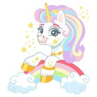 carino cartone animato personaggio unicorno su un' arcobaleno vettore