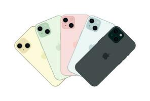 nuovo Mela i phone 15, moderno smartphone gadget, impostato di 5 pezzi nel nuovo originale colori - vettore