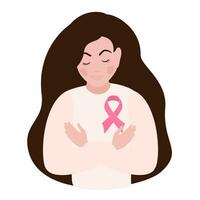 Seno cancro consapevolezza. donna con rosa nastro. rosa ottobre mese femmina assistenza sanitaria campagna solidarietà ragnatela modello design. vettore illustrazione.