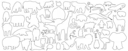 grande set di icone di animali della foresta afroamericana isolata del fumetto di scarabocchio. vettore contorno tigre leone rinoceronte bufalo zebra elefante giraffa coccodrillo tapiro ippopotamo orso orango pinguino fenicottero
